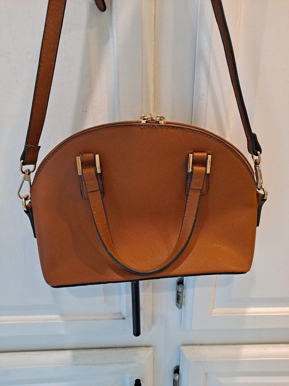 Lovevook Structured Tan Dome Satchel Saffiano Vegan Handbag with Gold Hardware